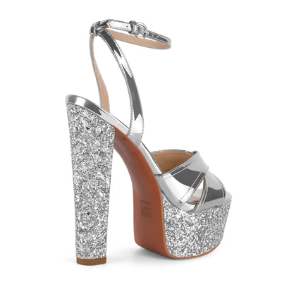 Glitter Platform Ankle Strap Chunky Heel Sandals