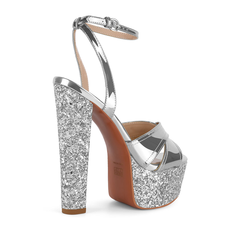 Glitter Platform Ankle Strap Chunky Heel Sandals