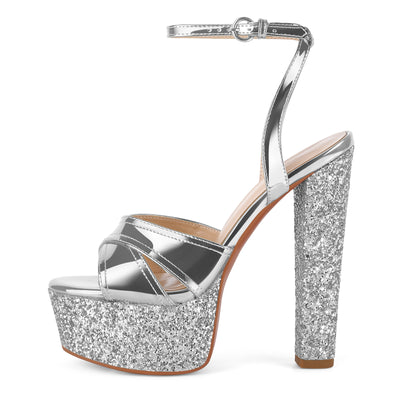 Glitter Platform Ankle Strap Chunky Heel Sandals