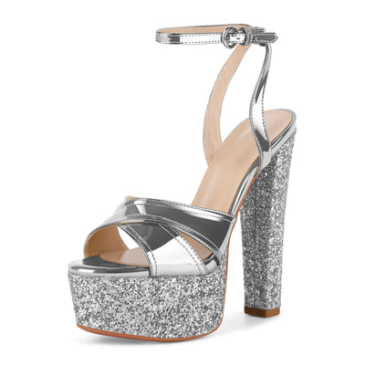 Glitter Platform Ankle Strap Chunky Heel Sandals