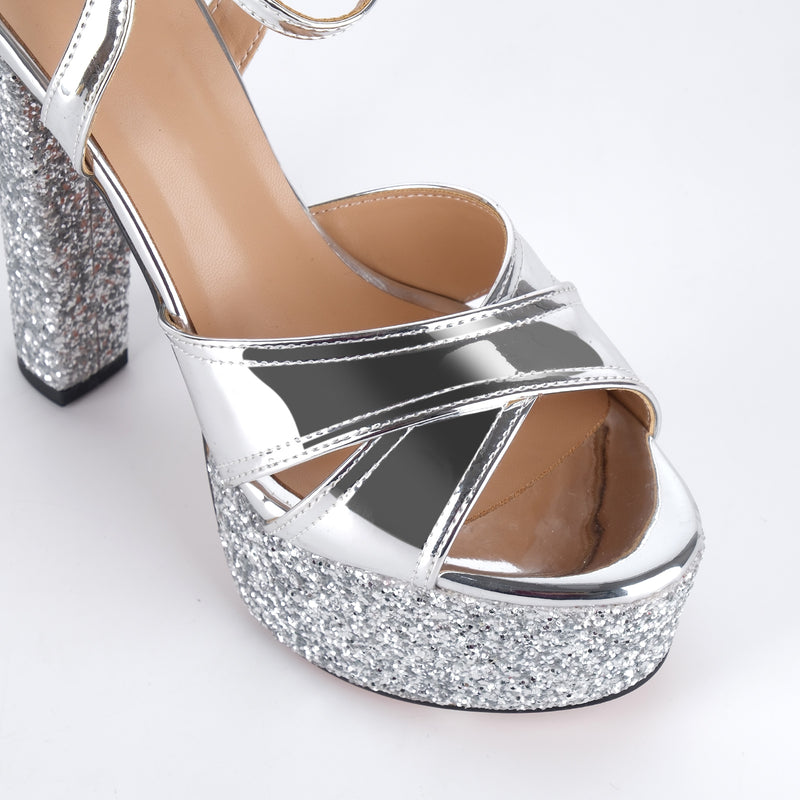 Glitter Platform Ankle Strap Chunky Heel Sandals