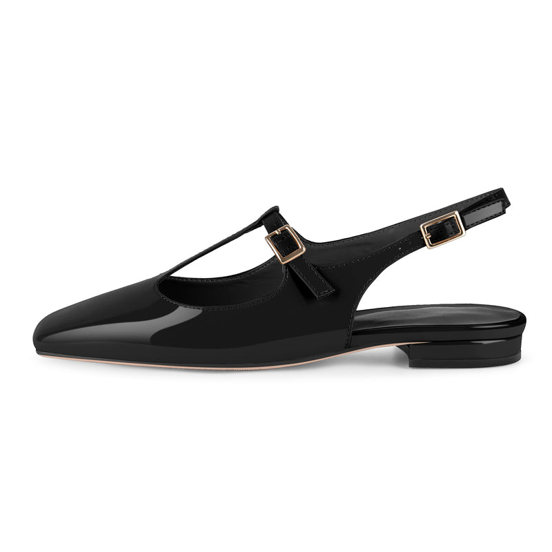 Square Toe T-Strap Slingback Flats