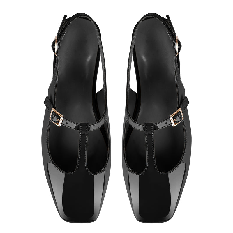 Square Toe T-Strap Slingback Flats