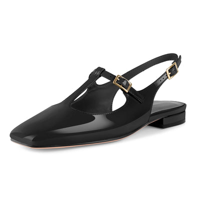 Square Toe T-Strap Slingback Flats