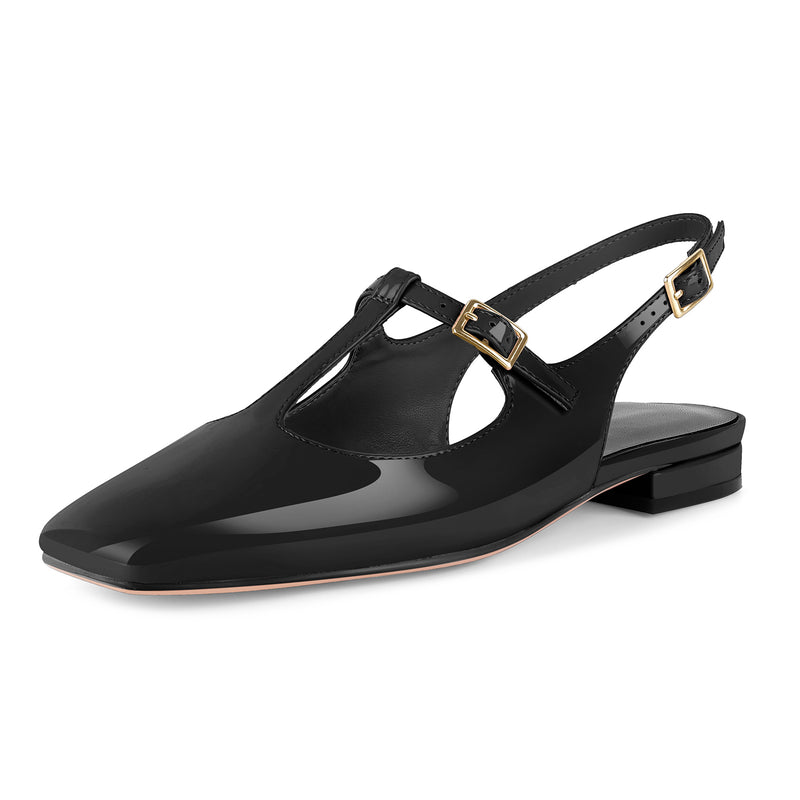 Square Toe T-Strap Slingback Flats