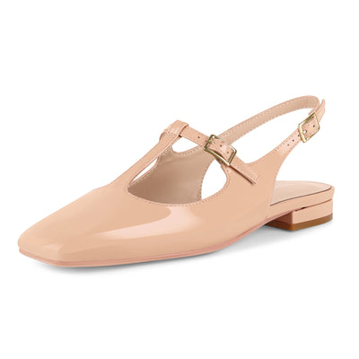 Square Toe T-Strap Slingback Flats