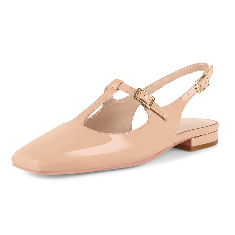 Square Toe T-Strap Slingback Flats