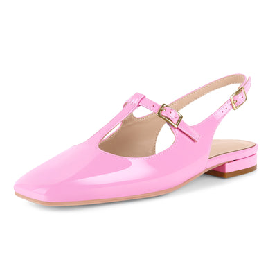 Square Toe T-Strap Slingback Flats