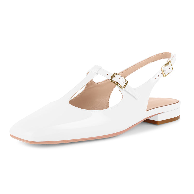 Square Toe T-Strap Slingback Flats