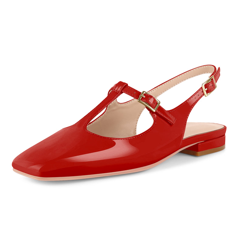 Square Toe T-Strap Slingback Flats