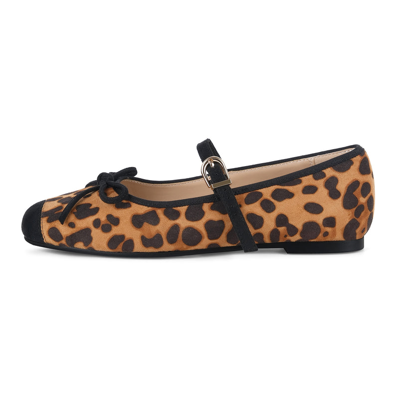 Square Toe Leopard Bow Mary Jane Flats