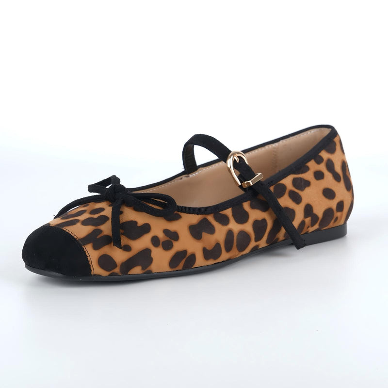 Square Toe Leopard Bow Mary Jane Flats