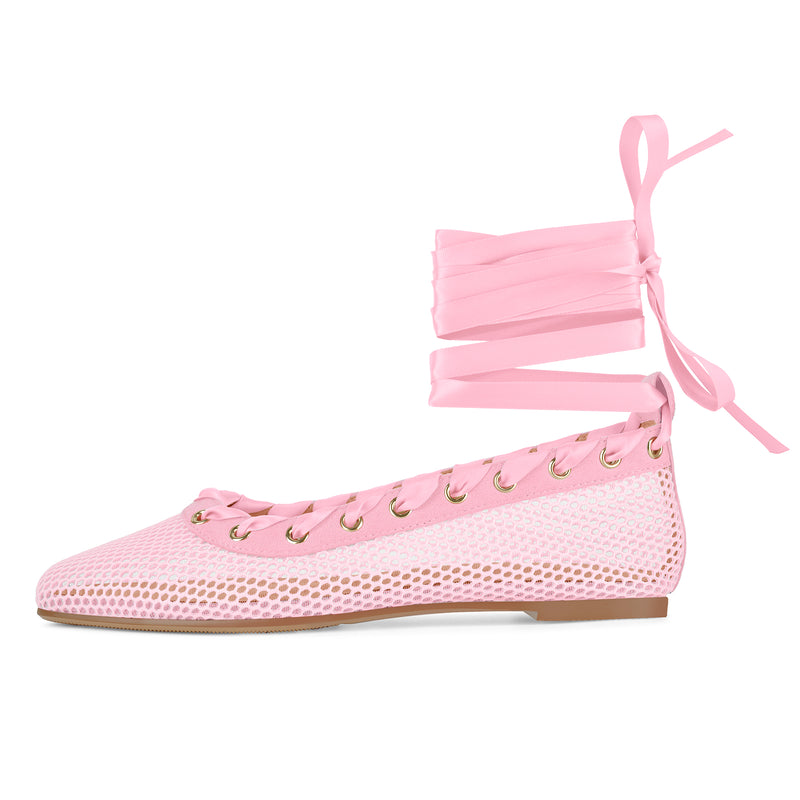 Square Toe Mesh Lace-up Ballet Flats