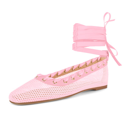 Square Toe Mesh Lace-up Ballet Flats