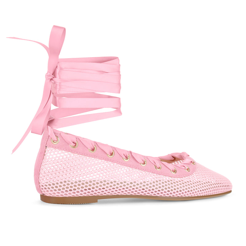 Square Toe Mesh Lace-up Ballet Flats