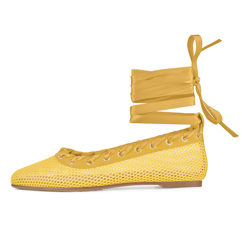 Square Toe Mesh Lace-up Ballet Flats