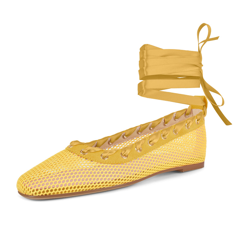Square Toe Mesh Lace-up Ballet Flats