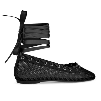 Square Toe Mesh Lace-up Ballet Flats