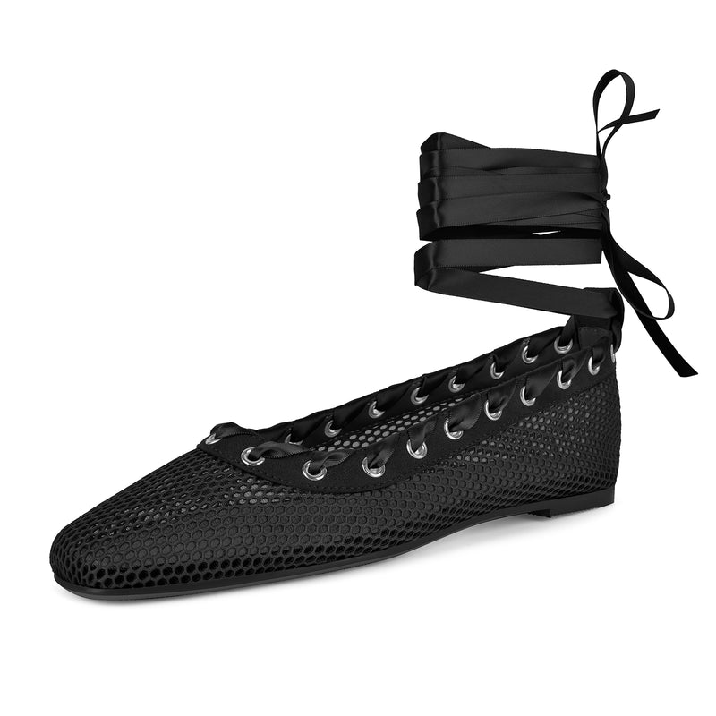 Square Toe Mesh Lace-up Ballet Flats