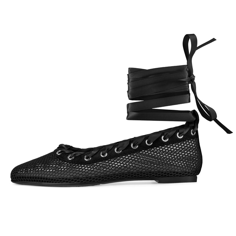 Square Toe Mesh Lace-up Ballet Flats