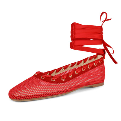 Square Toe Mesh Lace-up Ballet Flats