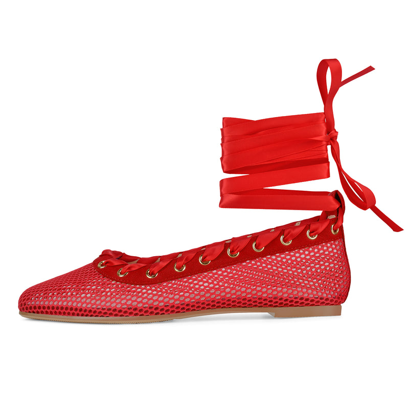 Square Toe Mesh Lace-up Ballet Flats