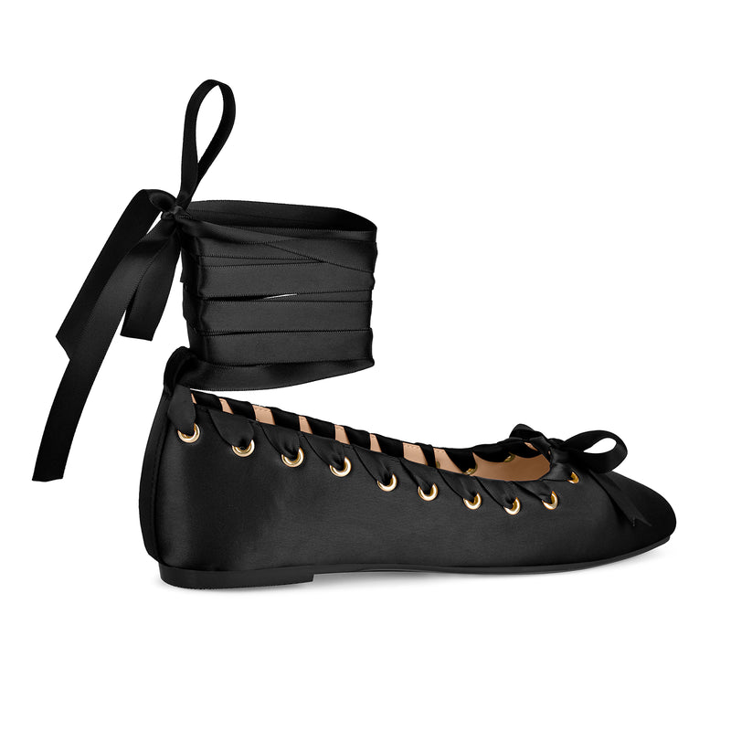 Satin Square Toe Lace-up Ballet Flats