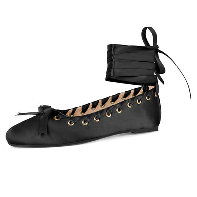 Satin Square Toe Lace-up Ballet Flats