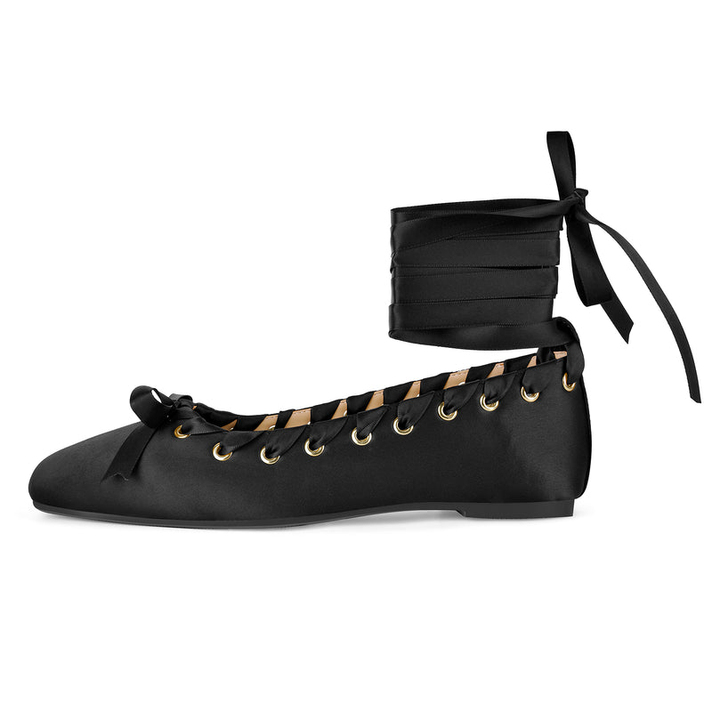 Satin Square Toe Lace-up Ballet Flats