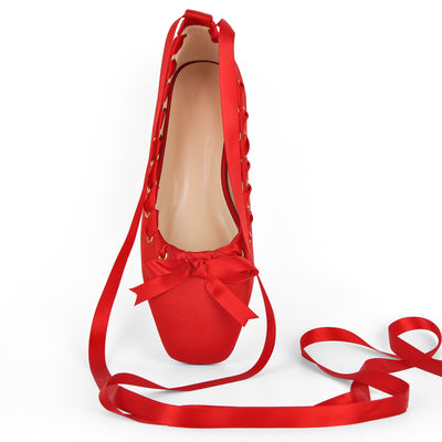 Satin Square Toe Lace-up Ballet Flats