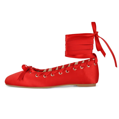 Satin Square Toe Lace-up Ballet Flats