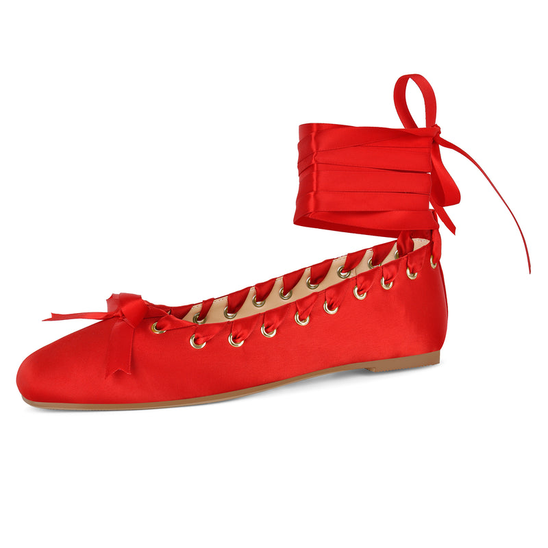 Satin Square Toe Lace-up Ballet Flats