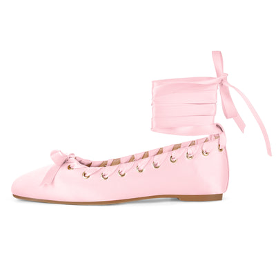 Satin Square Toe Lace-up Ballet Flats