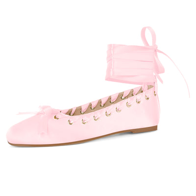 Satin Square Toe Lace-up Ballet Flats