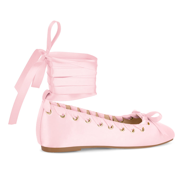 Satin Square Toe Lace-up Ballet Flats