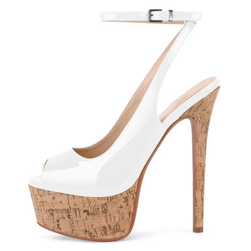 Peep Toe Wood Grain Platform Ankle Strap Slingback Heels
