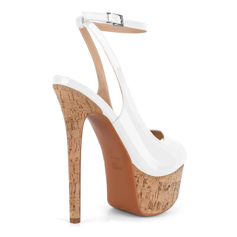 Peep Toe Wood Grain Platform Ankle Strap Slingback Heels