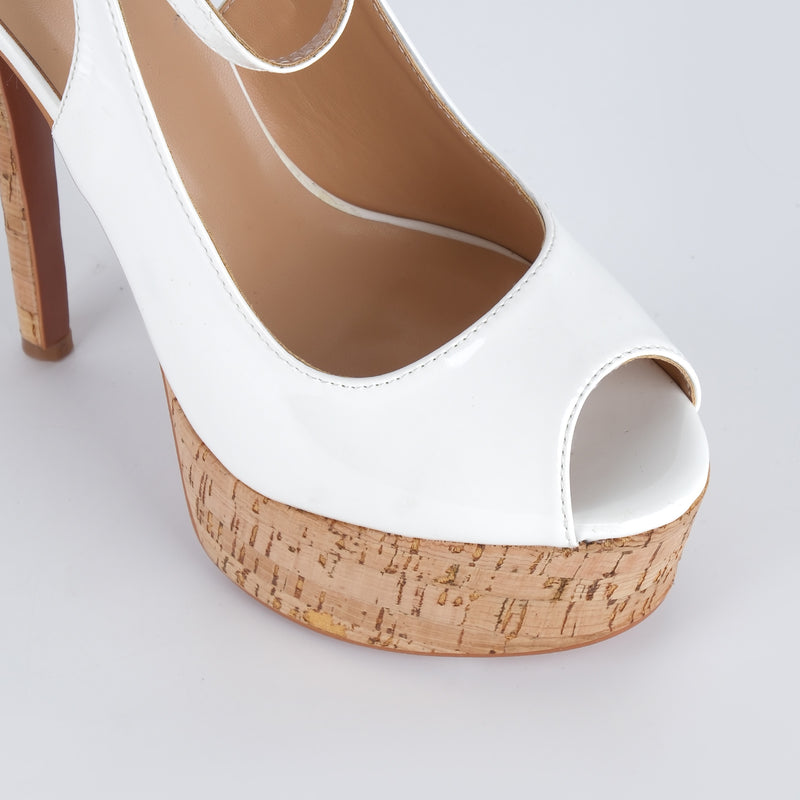 Peep Toe Wood Grain Platform Ankle Strap Slingback Heels