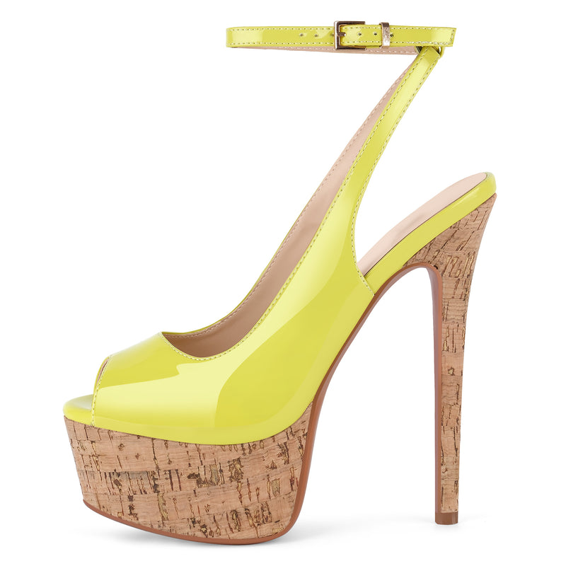 Peep Toe Wood Grain Platform Ankle Strap Slingback Heels