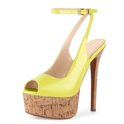 Peep Toe Wood Grain Platform Ankle Strap Slingback Heels