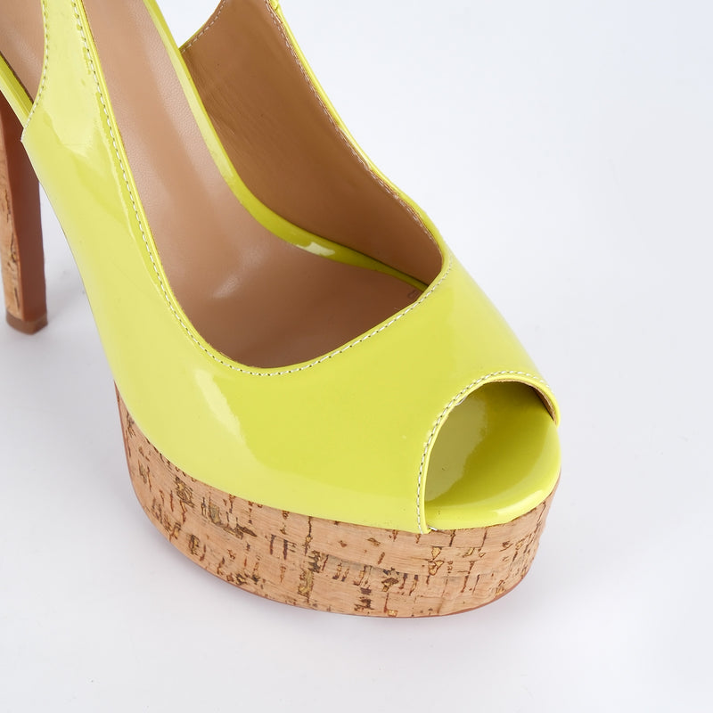 Peep Toe Wood Grain Platform Ankle Strap Slingback Heels