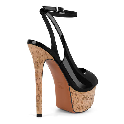 Peep Toe Wood Grain Platform Ankle Strap Slingback Heels