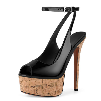 Peep Toe Wood Grain Platform Ankle Strap Slingback Heels