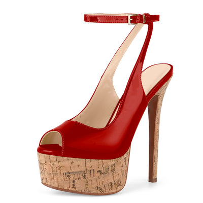 Peep Toe Wood Grain Platform Ankle Strap Slingback Heels