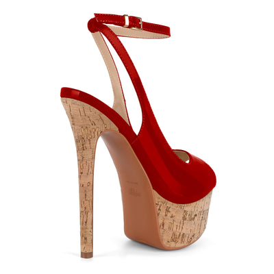 Peep Toe Wood Grain Platform Ankle Strap Slingback Heels