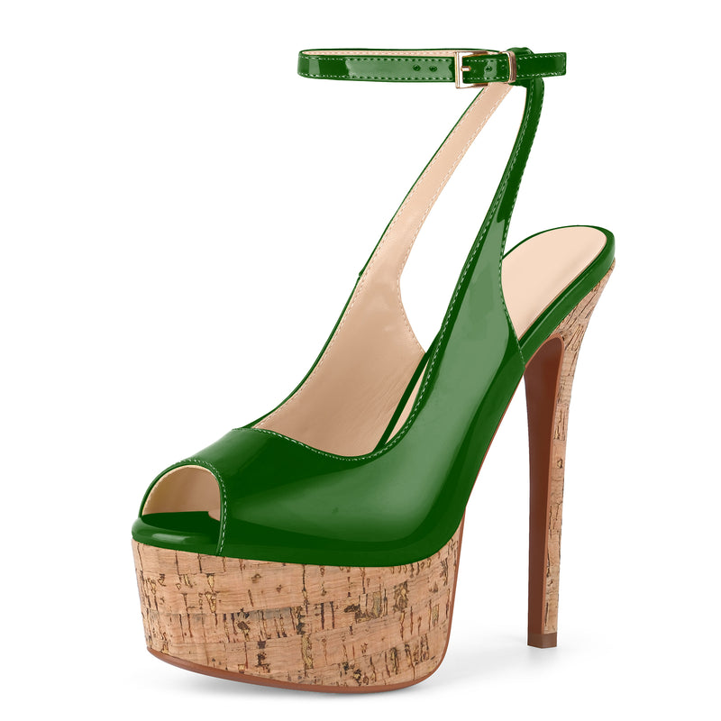 Peep Toe Wood Grain Platform Ankle Strap Slingback Heels