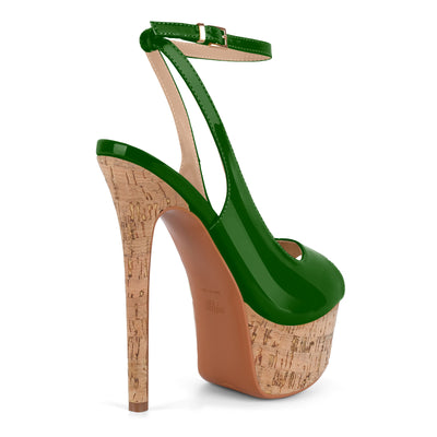Peep Toe Wood Grain Platform Ankle Strap Slingback Heels