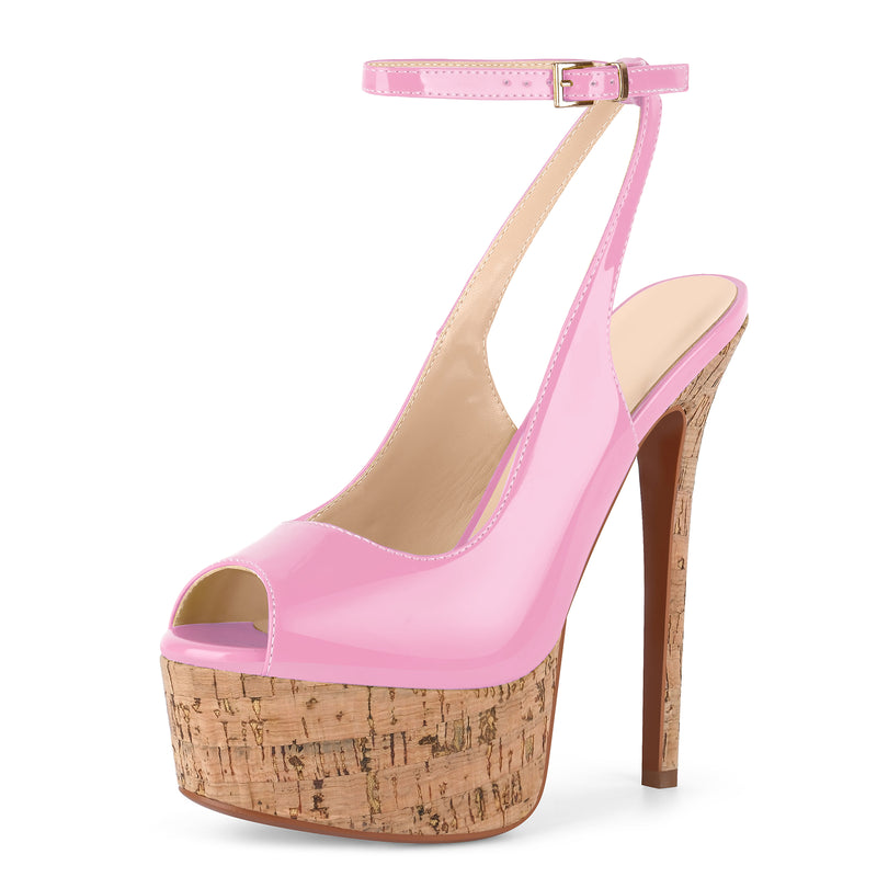 Peep Toe Wood Grain Platform Ankle Strap Slingback Heels