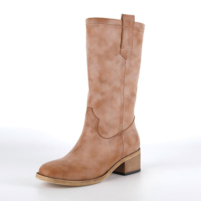 Round Toe Chunky Heel Mid-Calf Boots