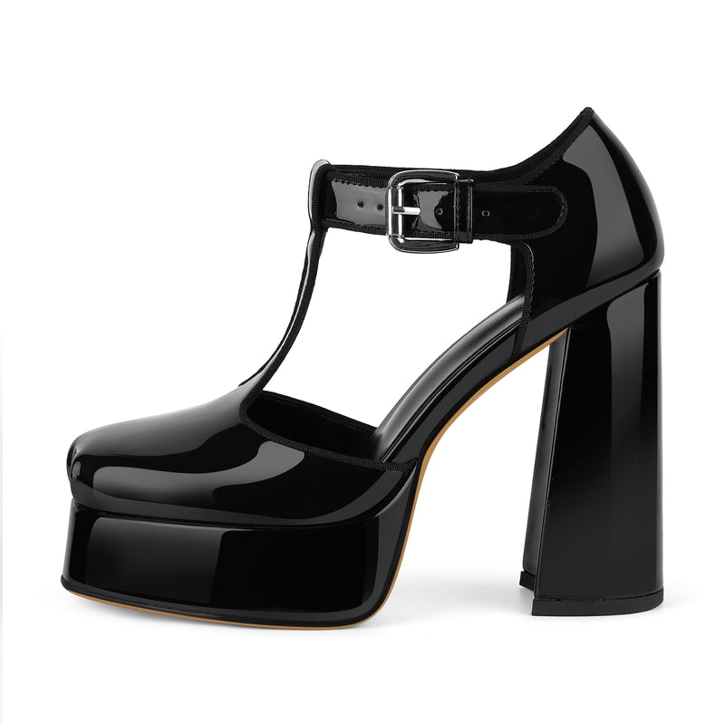 Square Toe Platform Buckle T-Strap Pumps
